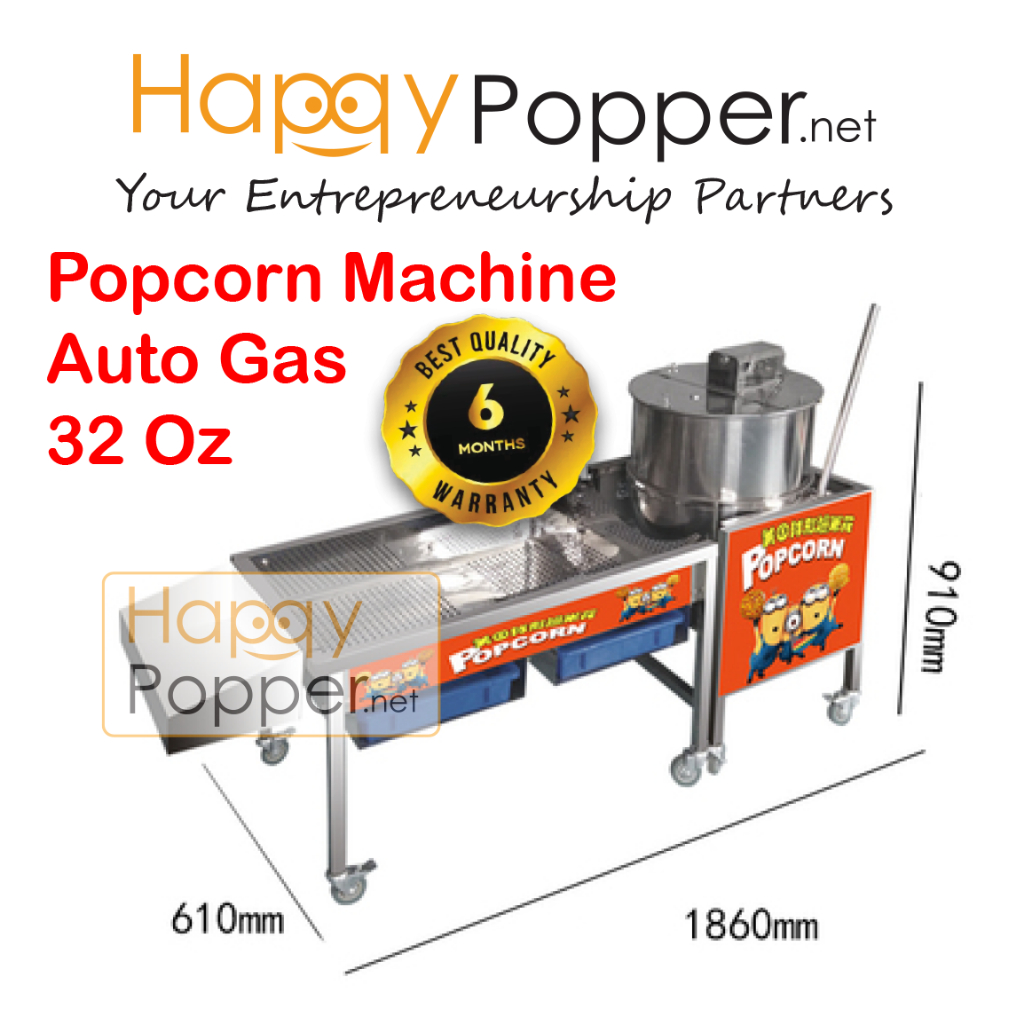 Happypopper Commercial Stainless steel Popcorn Pop corn Maker Machine Auto with Stand Full Set 32oz Gas 32 oz Heavy Duty