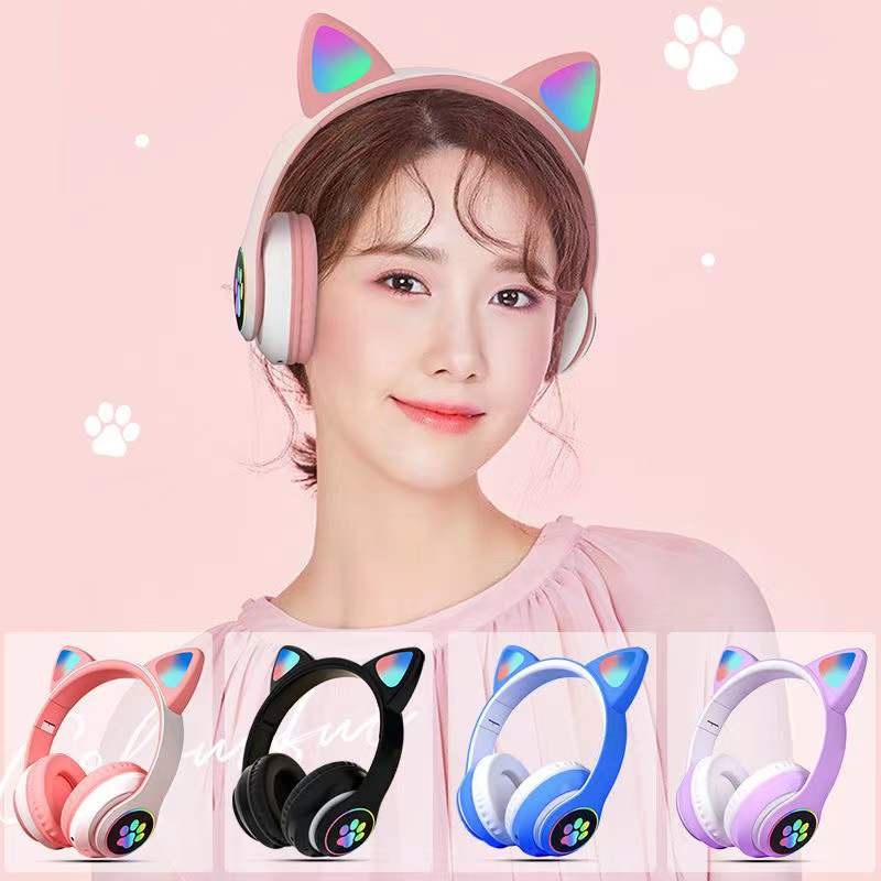 Cute Cat Ear Headphones Wireless LED Luminous Cat Claw Wireless Headphones Bluetooth Headset Heavy Bass children gift