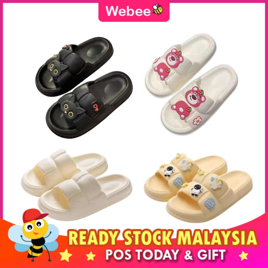 READY STOCKWEBEE Women's Casual Cute Cartoon Slippers Lelaki Perempuan Selipar Korean 6608 Akasawan Sberry Kucing Plain