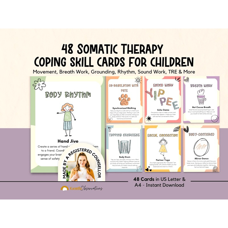 Somatic Therapy Coping Skill Cards for Kids' Nervous System Regulation, Polyvagal Theory, Emotional Regulation for Kids
