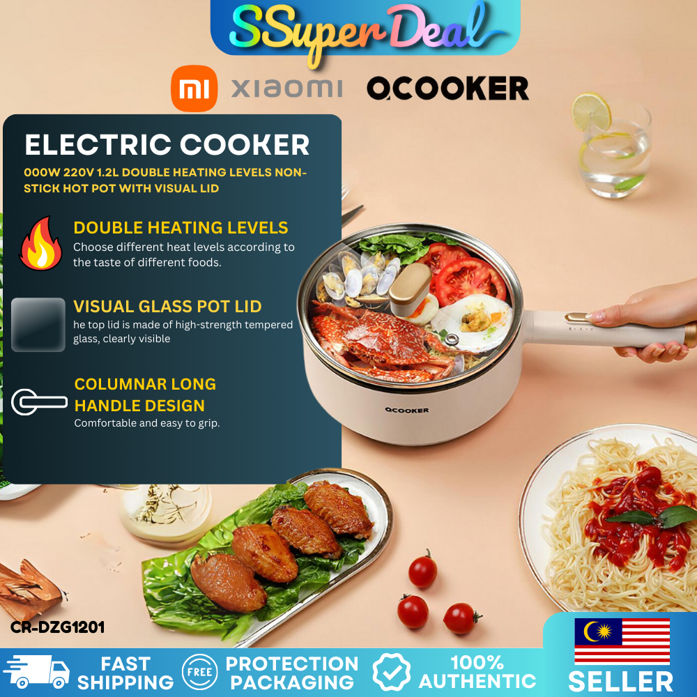 Xiaomi OCOOKER Electric Cooker 1000W 220V 1.2L Double Heating Levels Non-stick Hot Pot with Visual Lid 电热锅