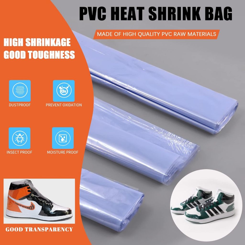 PVC Heat Shrinking Film Bag Heat Gun Sealing Flat Opening Transparent Blue wrap Shoes Goods Hampers