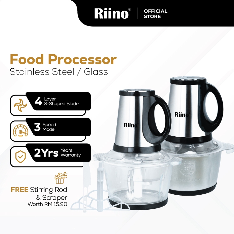 Riino 2L Electric Blender Stainless Steel Food Processor Glass Food Chopper Mixer FREE 3 Accessories - FP2