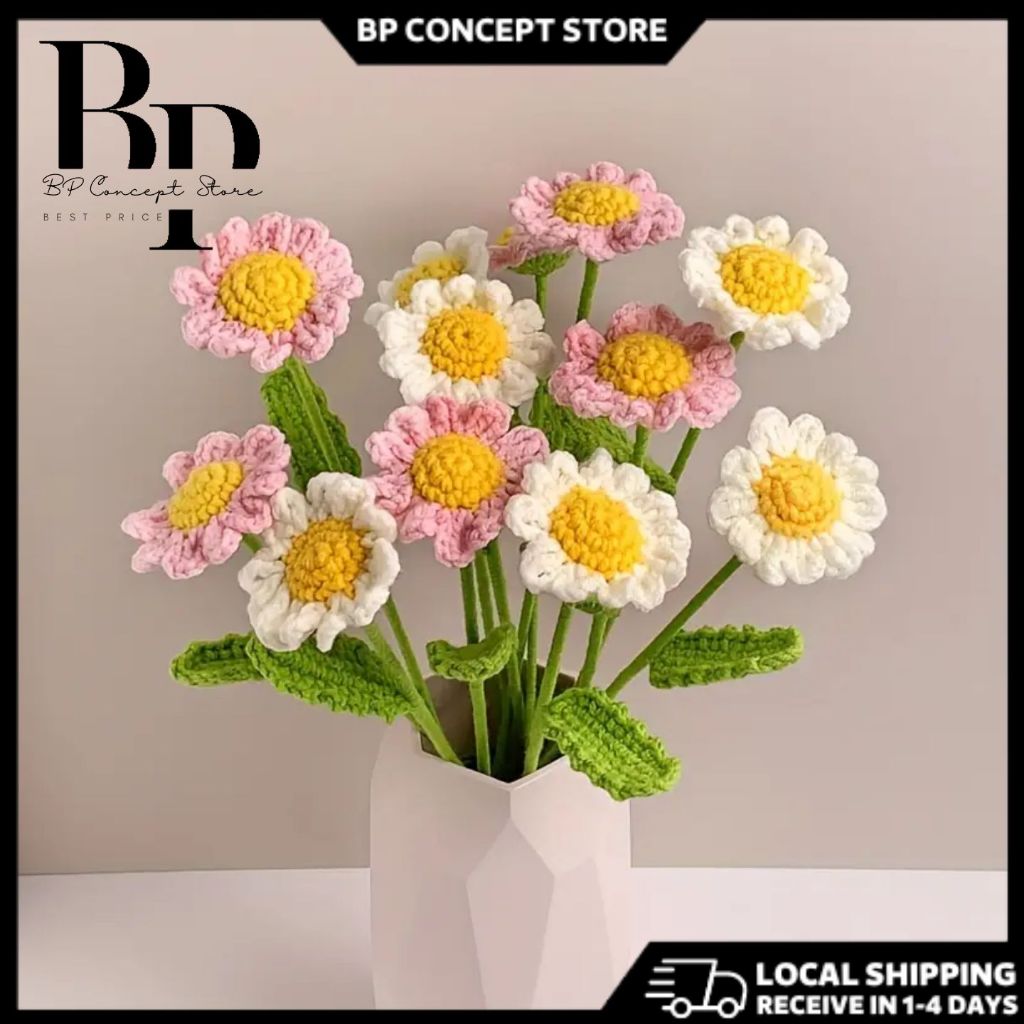 【Local Delivery】Hand-knitted Crochet Daisy Bouquet Finished Artificial Daisy Flowers Wedding Decoration Home Decoration