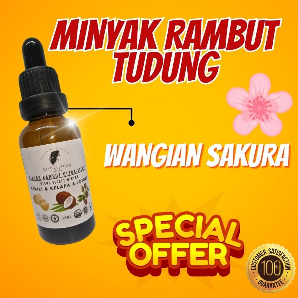 Minyak Rambut Tudung WANGI SAKURA BOTANI-HARI | 30ml | Jojoba , Kelapa & Kemiri | Buah Keras Natural Hair Oil Tonic