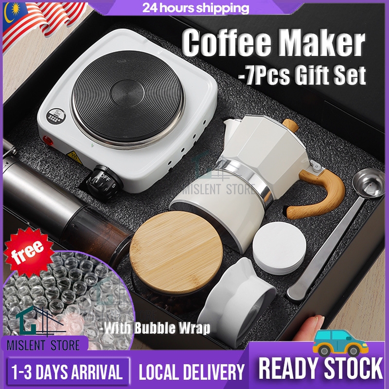 HOT🎁7Pcs Coffee Maker Machine Set Moka Pot Coffee Maker Hand Brew Espresso Coffee With Grinder Electric Stove for Gift