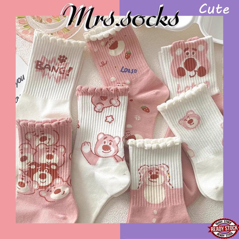 Mrs.socks Pink Bear Ins Cute Socks Crew Socks Women Stokin Panjang Wanita Stoking Comel Stocking Kaos Kaki Wanita 袜子女 襪子