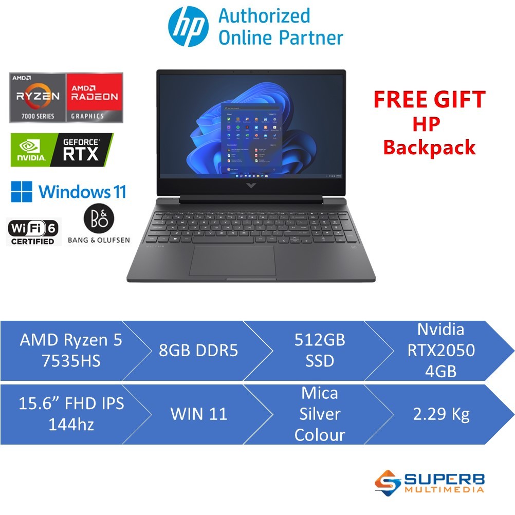 HP Victus Gaming Laptop 15-FB1047AX Blue 15-FB1048AX Silver replacement 15-FB1037AX Blue 15-FB1038AX Silver (AMD R5 7535HS, 8GB DDR5, 512GB SSD, Nvidia RTX2050 4GB, 15.6" FHD IPS 144Hz, Win11, Mica Silver) (T&G/Grab E-Wallet Rm80)