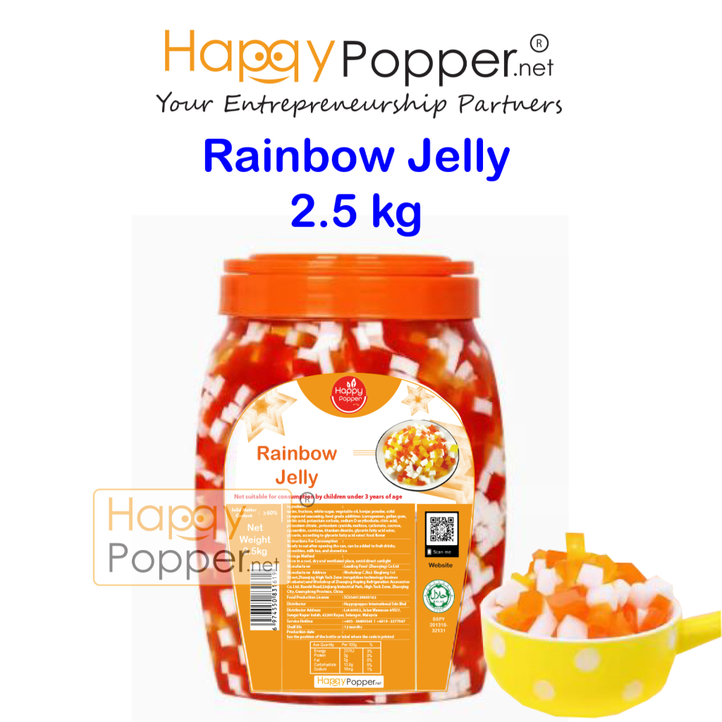 Happypopper Coconut Rainbow Jelly Color Jelly Q Jelly 3.8Kg 2.5Kg Pelangi Jeli Bubble Tea Dessert 三色椰果 三色Q果 彩虹寒天果凍 彩虹椰果