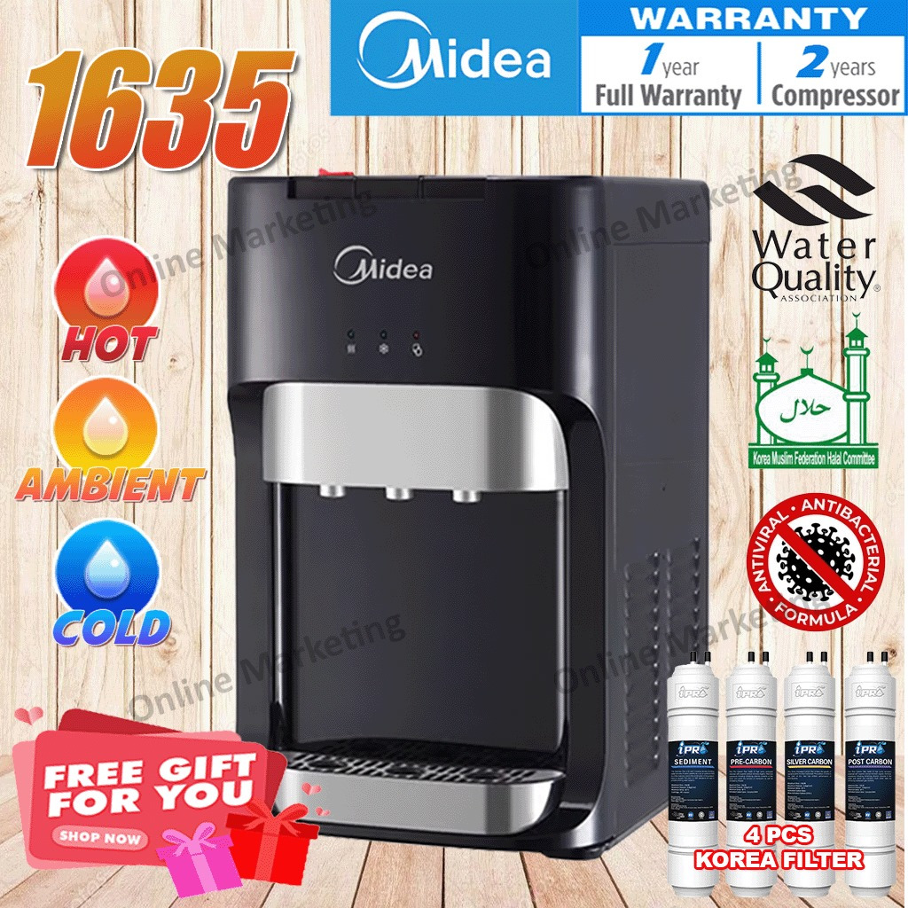 Midea Mild Alkaline Water Dispenser Penapis air 3 Suhu Hot Normal Cold Model: 1635 or1630 With4 Korea Halal Water Filter