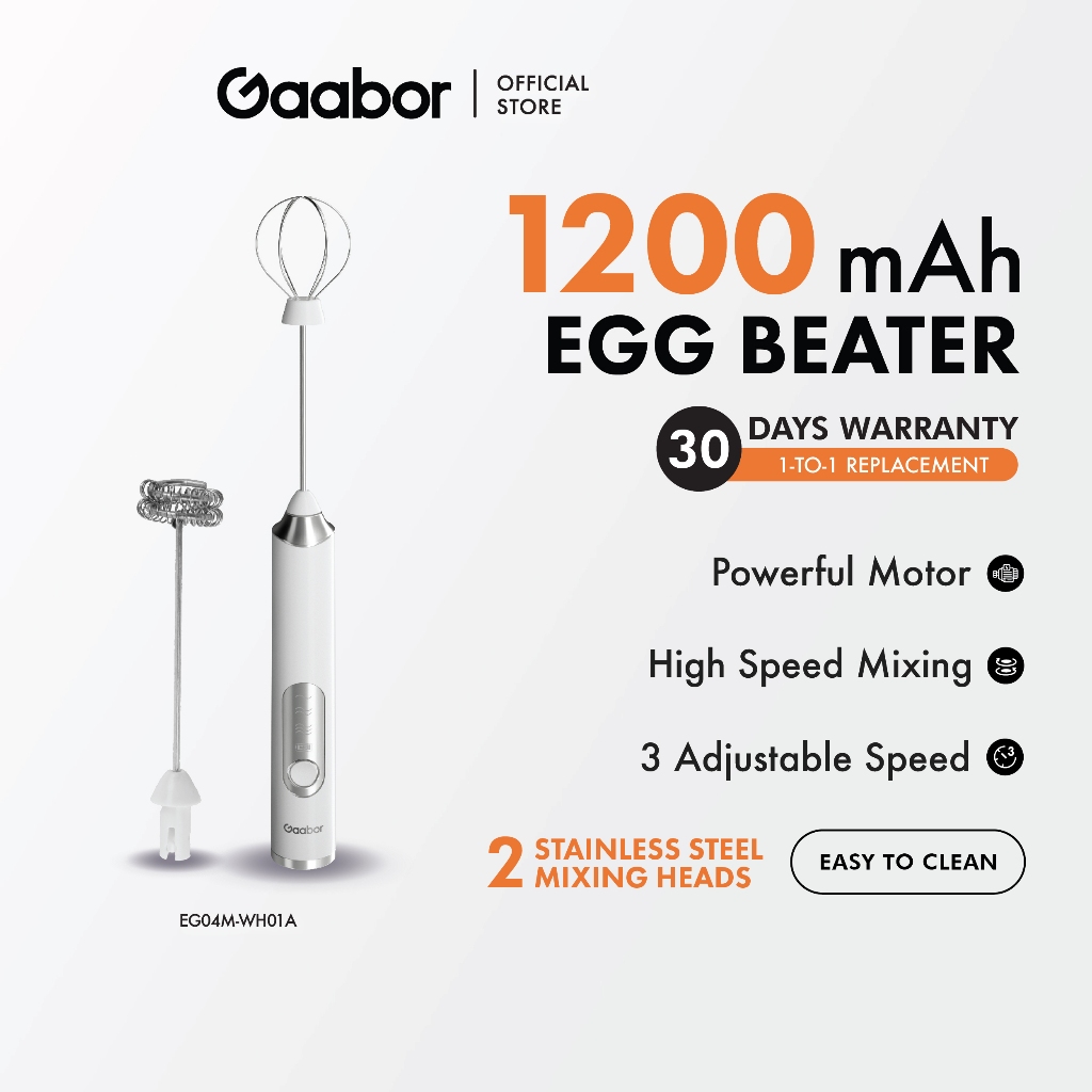 Gaabor Egg Beater Speed Adjustable Milk Frother Handheld Foam Maker Stainless Steel EG04M-WH01A