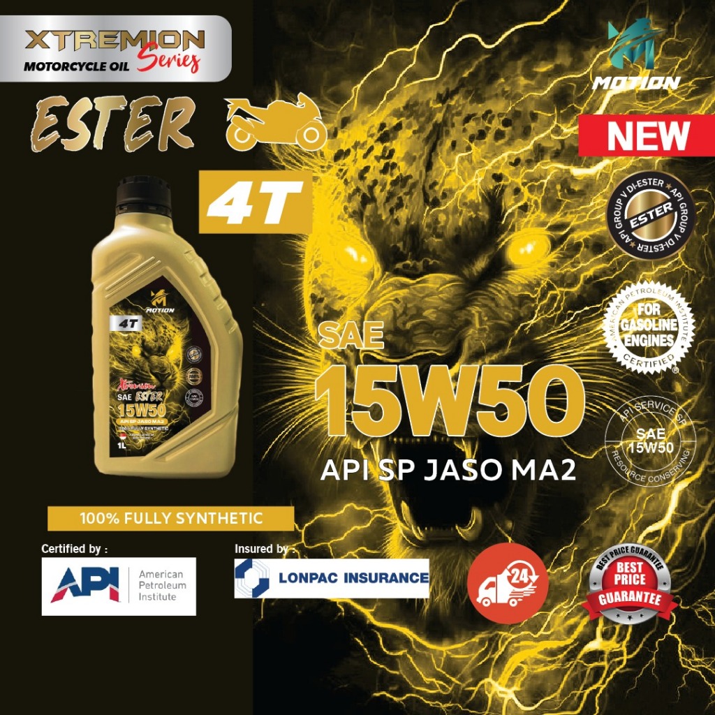 MOTION 4T 15w50 ESTER XTREMION API SP 1L Fully Synthetic Motorcycle Engine Oil Minyak Hitam Pelincir