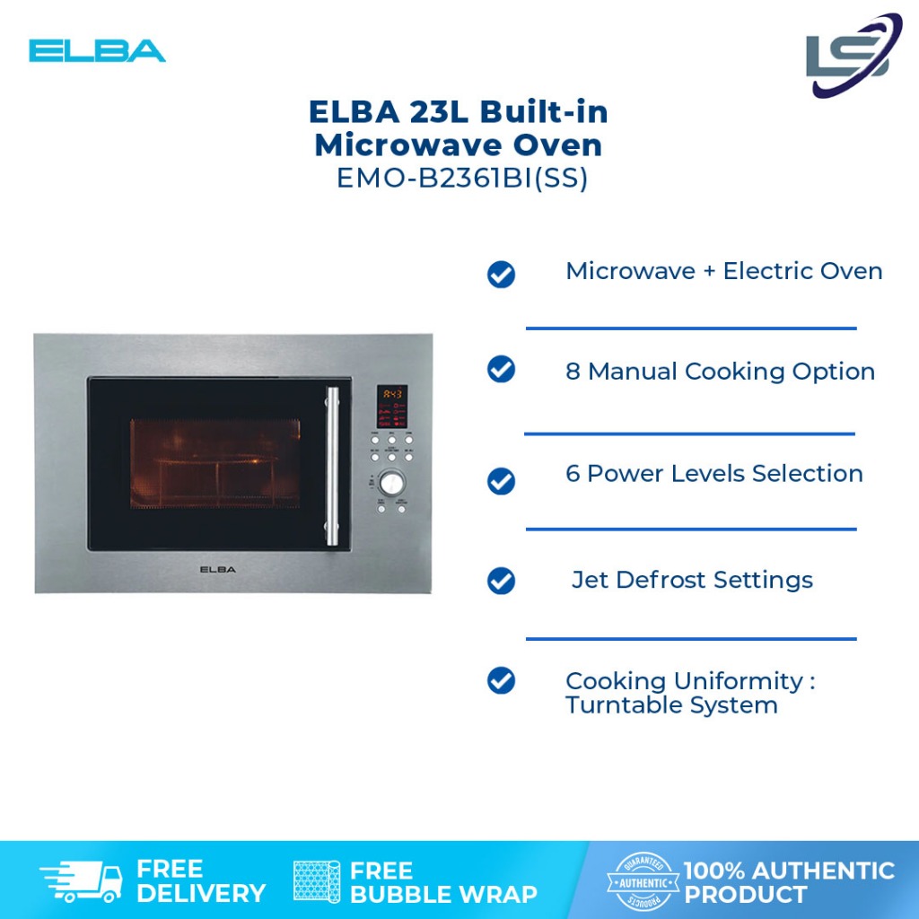 ELBA 23L Built-in Microwave Oven EMO-B2361BI(SS) | Microwave + Electric Oven | 8 Manual Cooking Option | Digital Timer