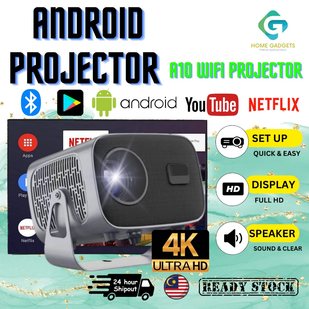 2024 Latest A10 Android 11 LED Projector Smart 5G Dual WiFi Projector 4K Home Mobile Notebook Mirror Phone Video Monito