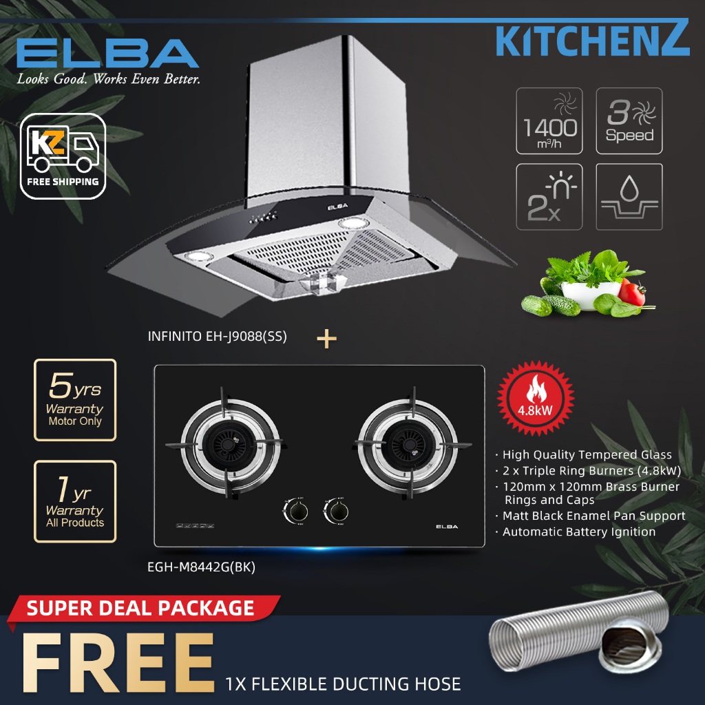 [FREE Shipping] Elba 8442 Cooker Hood/Hob Set+Glass Stove Hob Combo [Free Steam Plate and Ducting Set]M8442G-BK