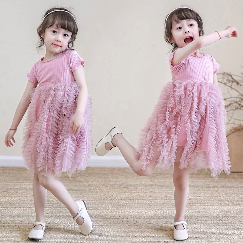 PRINCESS KESLI1-7 Years Summer Baju Baby Girls Dress Pink Princess Short Sleeve Kids Clothing Dress Gaun Budak Perempuan