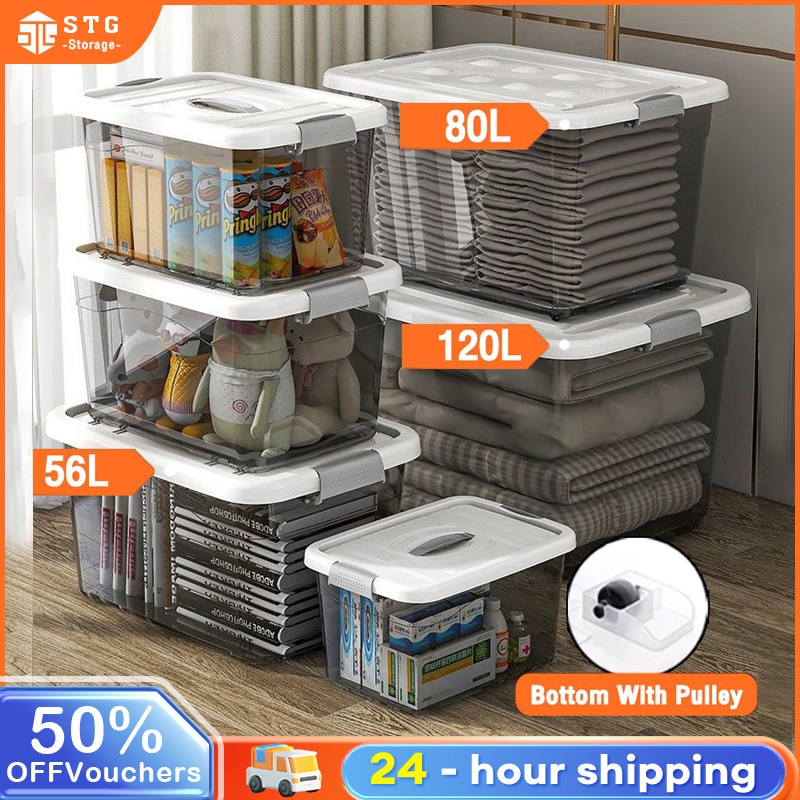 80L Storage Box Portable Transparent Kotak Simpanan with Lids & Wheels Storage Box