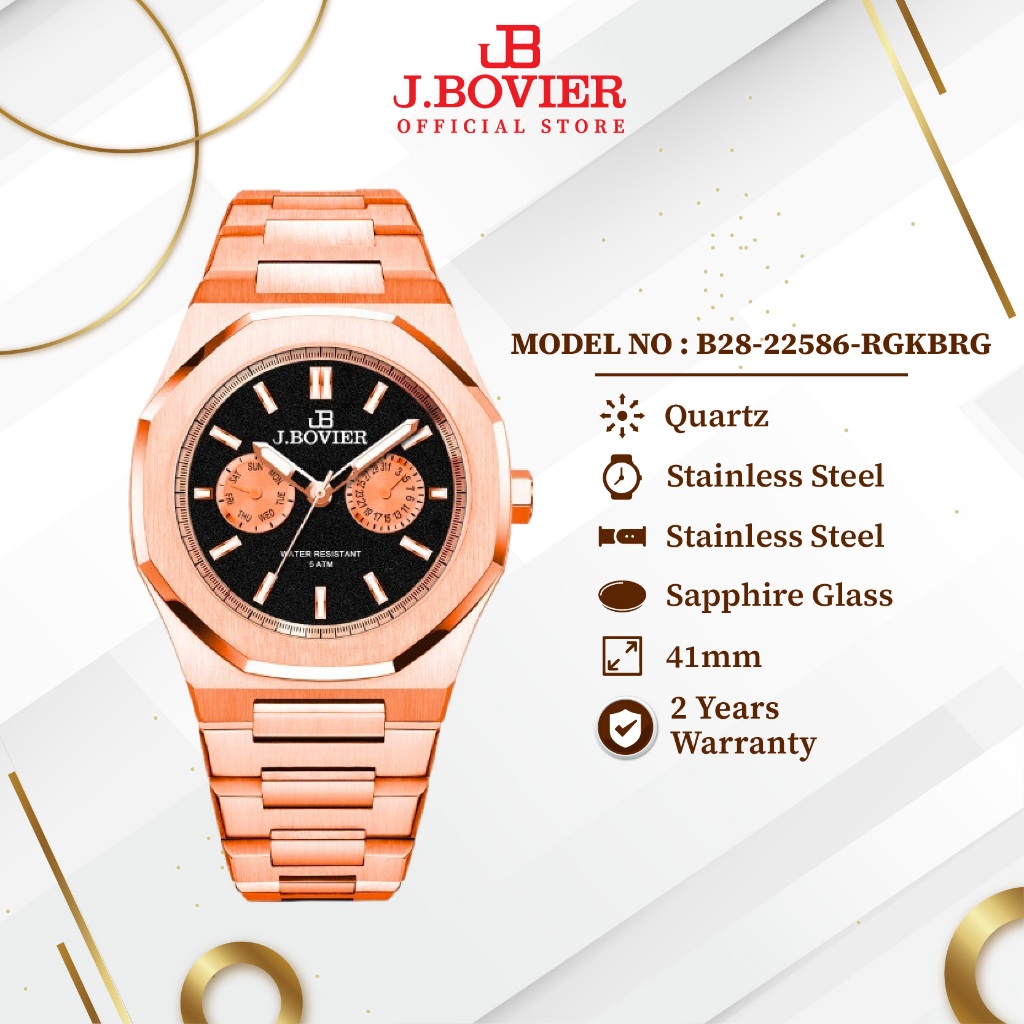 [2 Years Warranty] J.Bovier Stainless Steel Quartz Unisex Watch Jam Tangan  B28-22586-RGKBRG