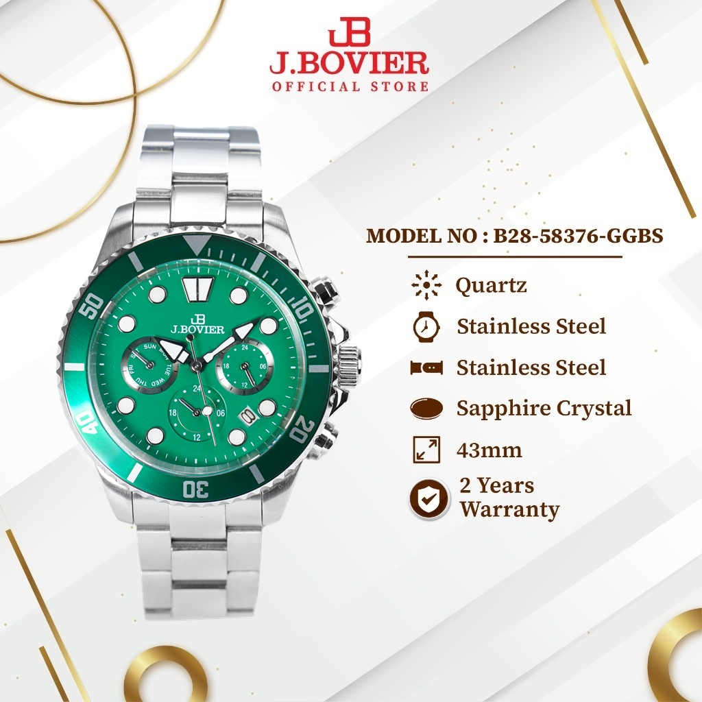 [2 Years Warranty] J.Bovier Chronogragh Stainless Steel Quartz Men Watch Jam Tangan Lelaki  B28-58376-GGBS