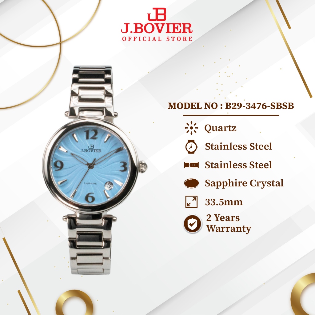 [2 Years Warranty] J.Bovier Sapphire Crystal Glass Women Watch Jam Tangan Wanita  B29-3476-SBSB