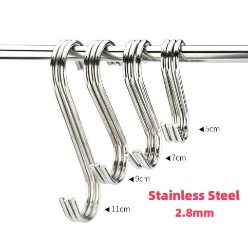 5/7/9/11cm Stainless Steel S Shape Hanger Metal Hook Holder Towel Kitchen Rack Cooking Utensils Penyangkut Pengantung 挂钩