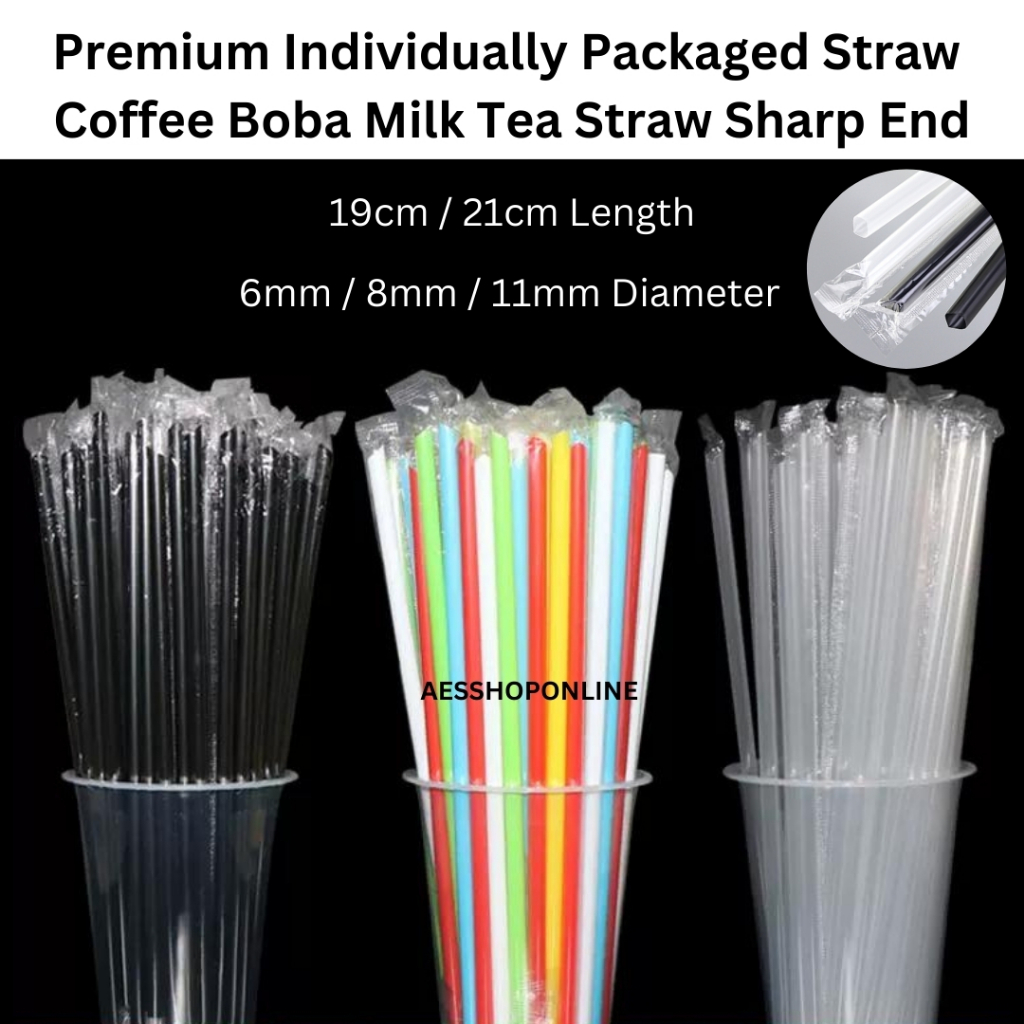 Premium Black Transparent 6mm/8mm/11mm x 190mm/210mm Coffee Boba Milk Tea Individual Packaged Sharp End Straw 50/100pcs±