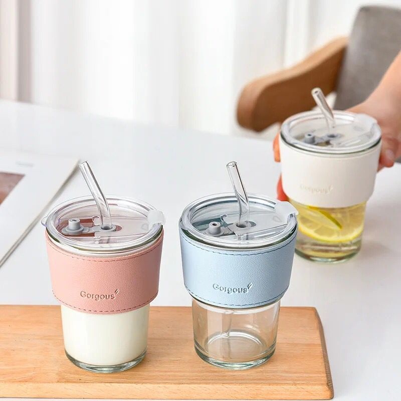 Glass Cup with straw Cawan Kaca kopi coffee cup Tea cup hadiah gift set Iced Water Bottle Coffee Glass Mug 玻璃杯子茶杯咖啡杯