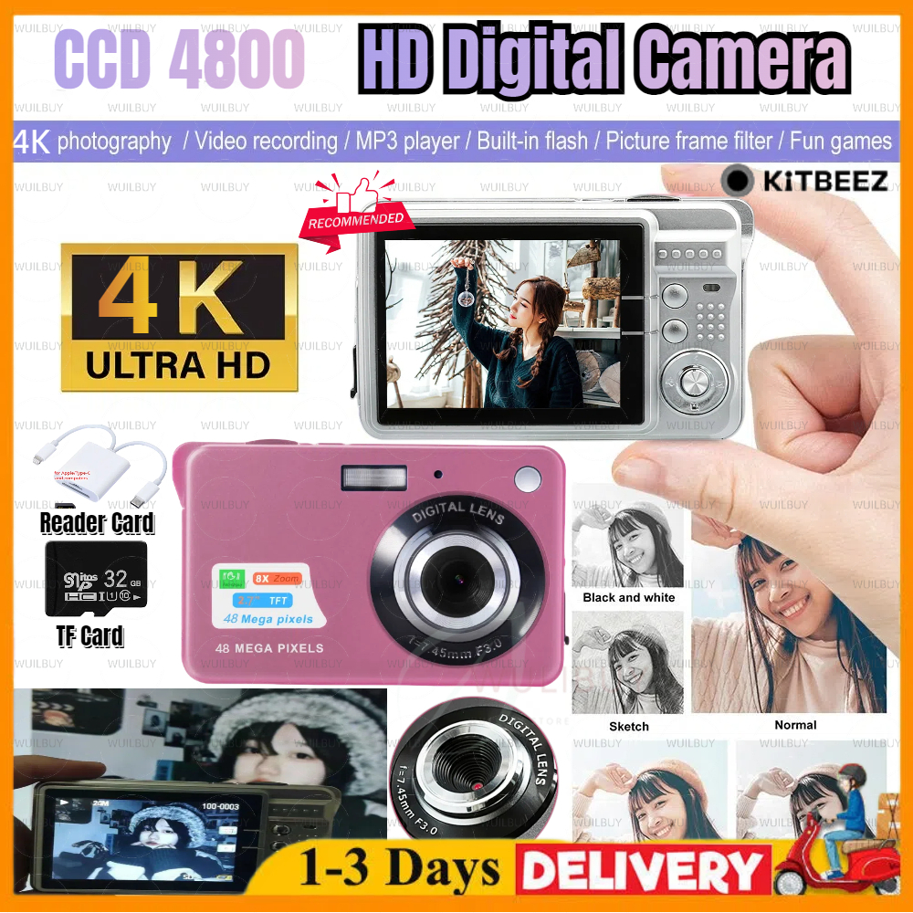 KiTBEEZ Digital Camera CCD48 1080P HD Video Camcorder 48MP Photo 8X Zoom Anti-shake 2.7 Inch Large TF Screen USB Charge