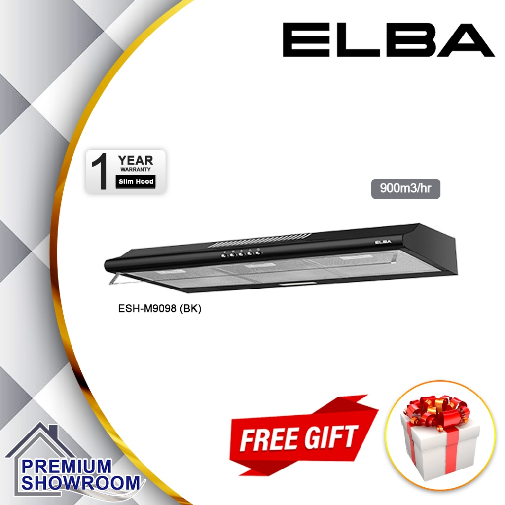 ELBA ESH-M9098(BK) Twin Motor Black Coated 90cm Kitchen Cooker Hood / Slim Hood 900m3/hr Suction Power / elba 9098