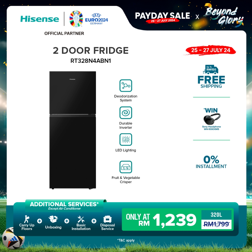 [FREE Installation] Hisense 4 STAR 2 Door Inverter / Top Mount Refrigerator 两门冰箱 (320L) Black - RT328N4ABN1