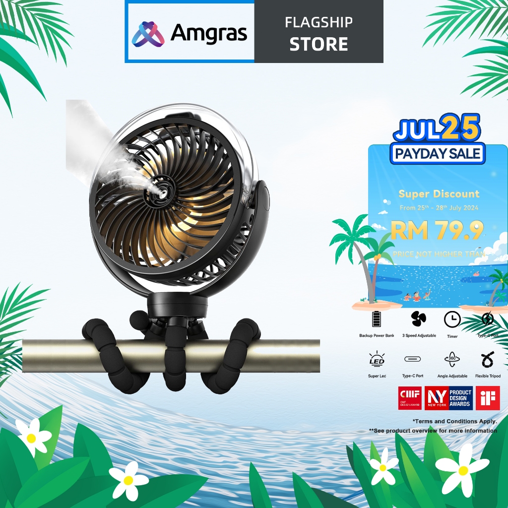 Amgras Stroller Baby Portable Mini Fan Rechargeable 9 Leds/Ultra Quiet/Flexible Tripod/55 Hours (6000mAh)