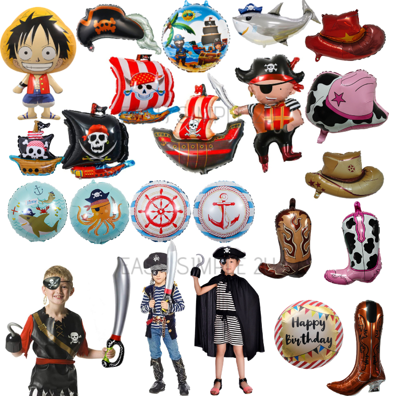 OnePiece Caribbean Ocean Pirate Ship Shark Cow Boy Hat Boot Foil Balloon Kid Party Costume Eye Patches Halloween Decor