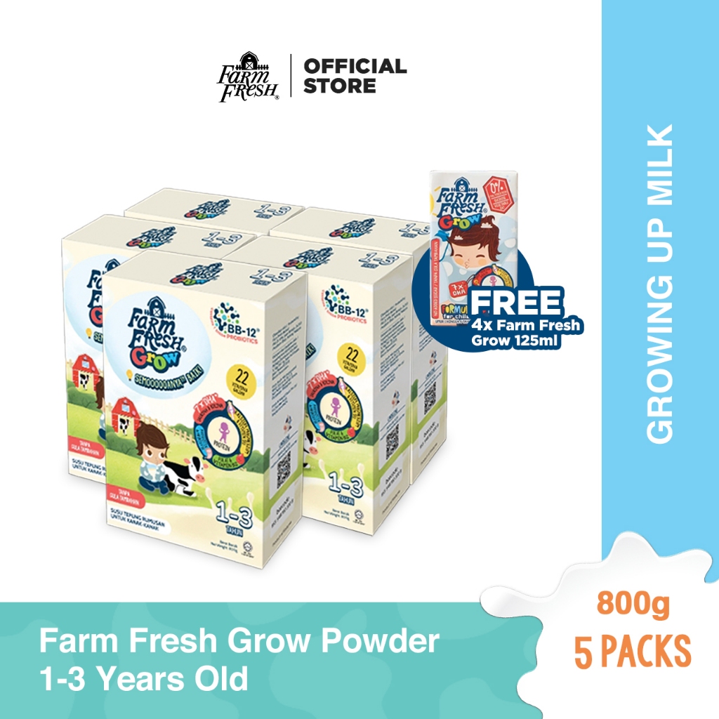 Farm Fresh Grow Powder 1-3 Years Old 800g x 5 Packs + Farm Fresh Grow Formulated Milk 1-6 Years Old 125ml x 4 Packs