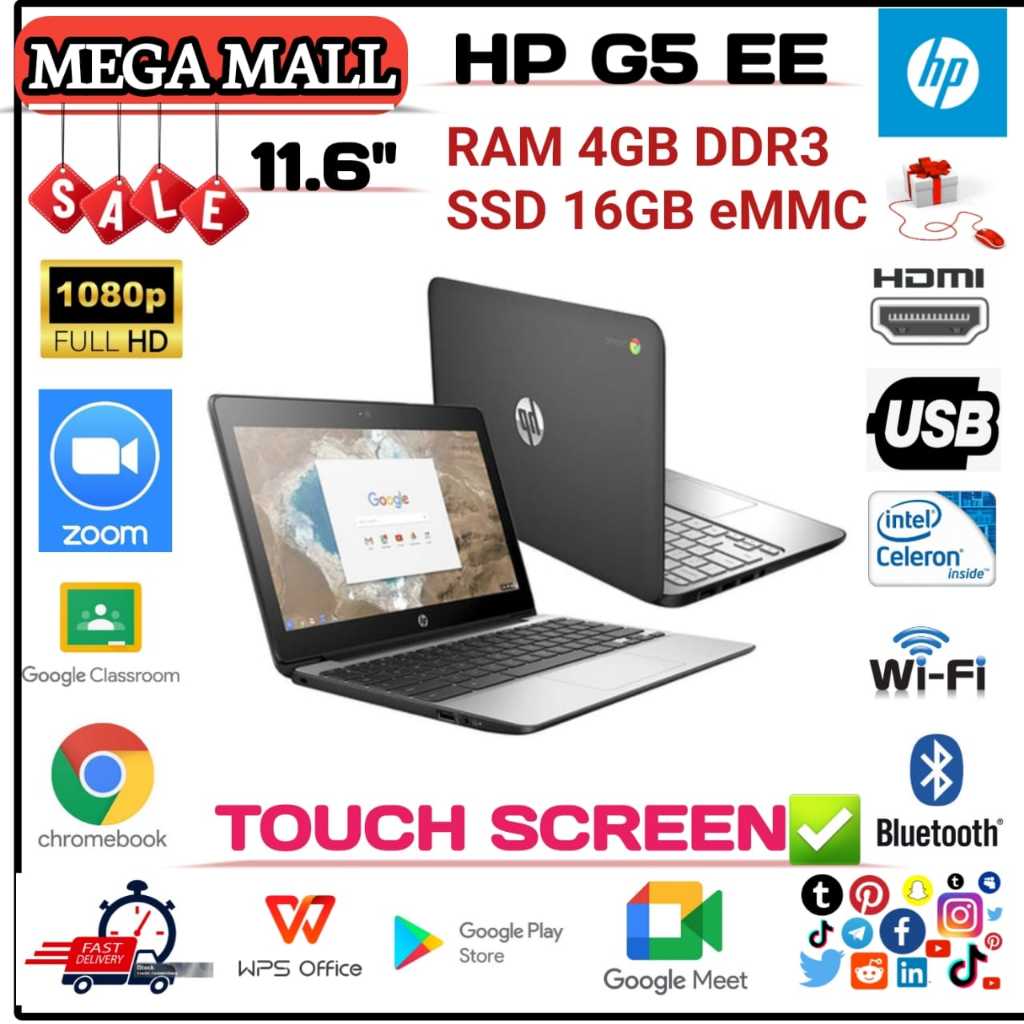 HP Chromebook 11 G5 EE || Intel Celeron N3060 || RAM 4GB SSD 16GB || Touch & Non-Touch || Play Store