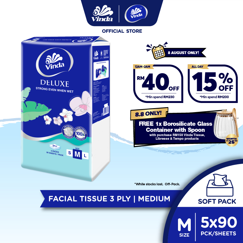 Vinda Deluxe Soft Pack Facial Tissue Medium 3-ply (5x90s)