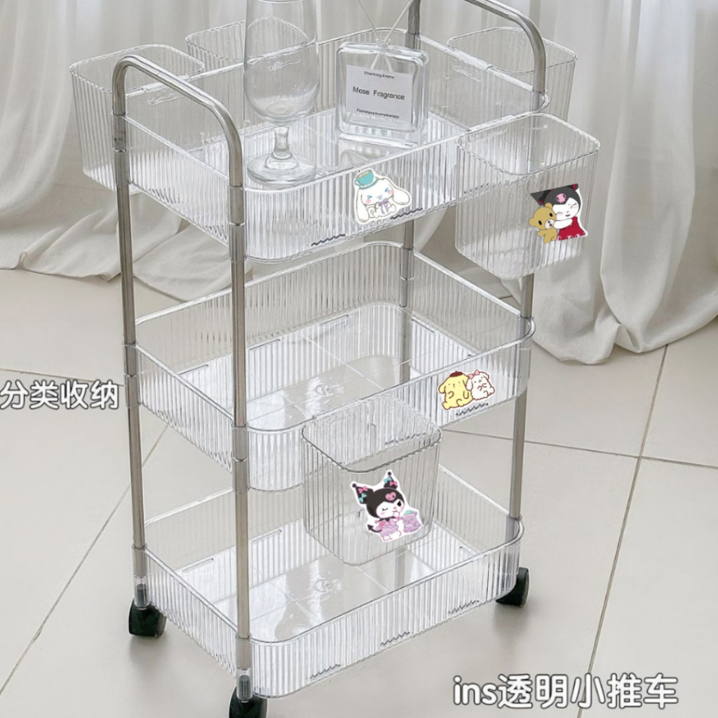 3/4 Tier Movable Trolley Storage Rack Acrylic Multi-Layer Snack Storage Shelf Rack With Wheels Cosmetics Storage Rack