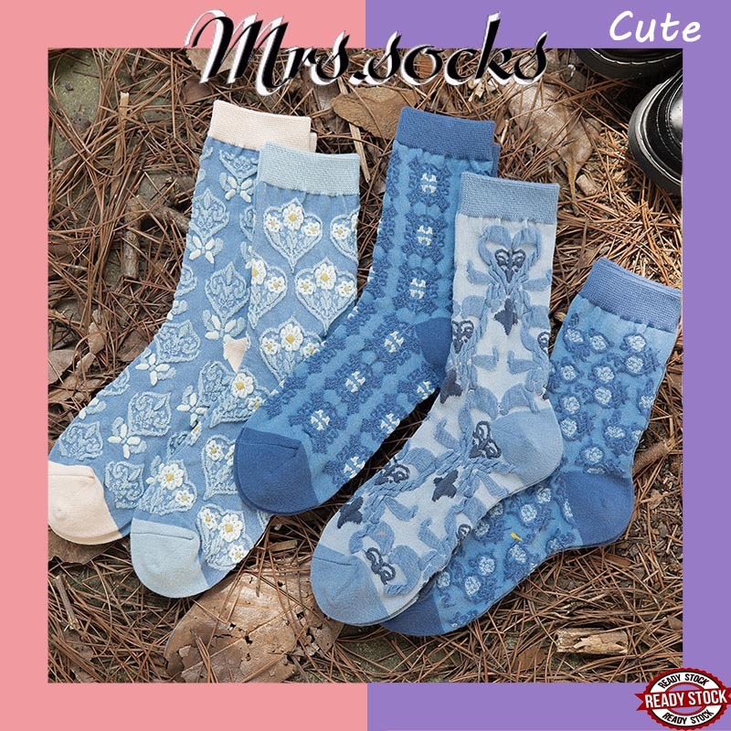 Mrs.socks Blue Retro Corak Sock Ins Wreath Long Socks Women Stokin Panjang Wanita Stoking Cantik Stocking Woman 袜子女 襪子女
