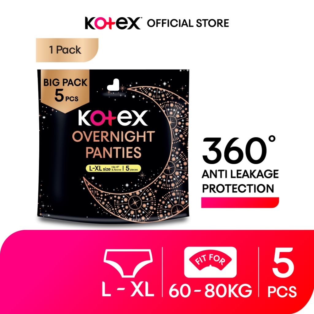 Kotex Overnight Panties M-L / L-XL (5s) - Period Panties with 360⁰ Anti-Leakage Protection Disposable