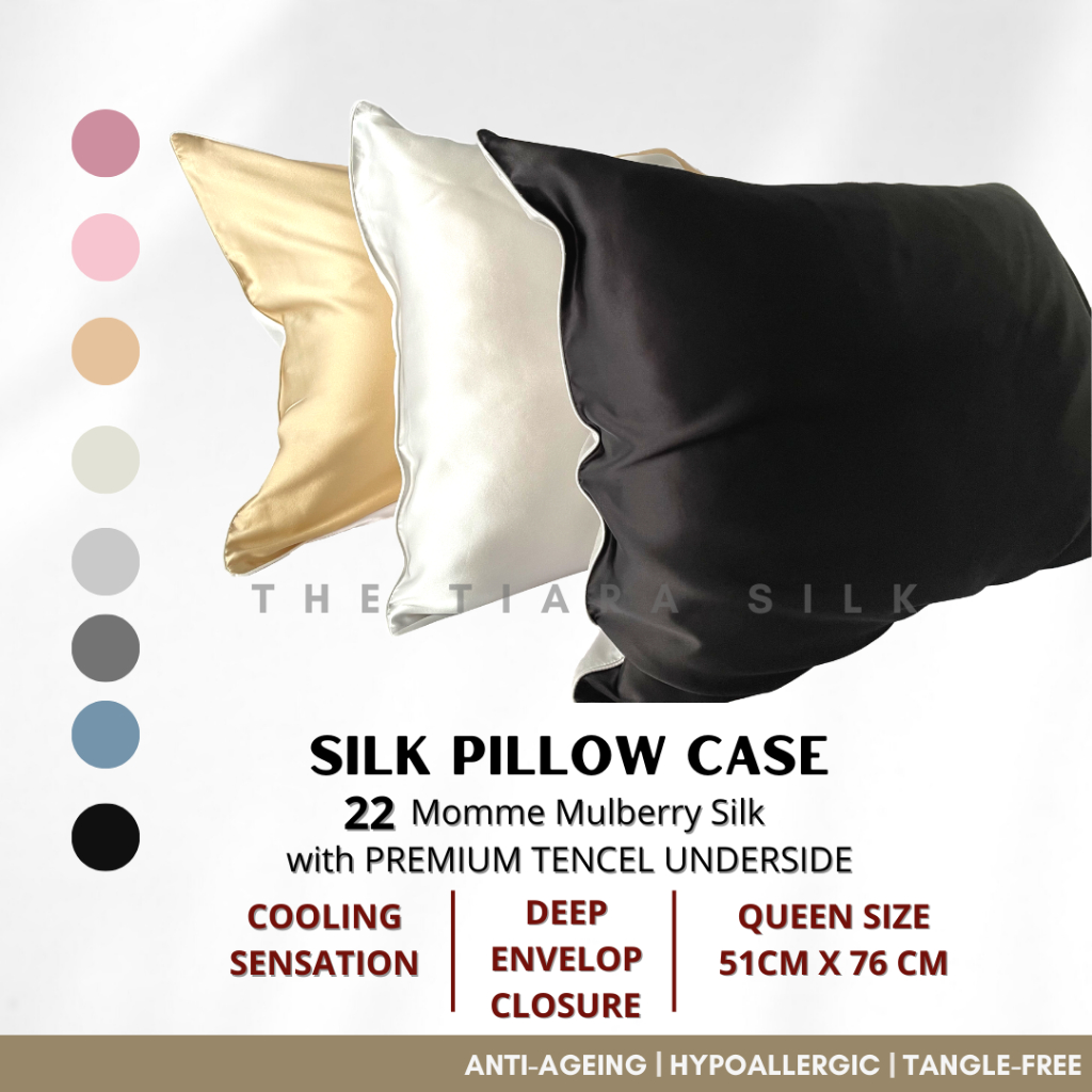 The Tiara Silk Mulberry Silk Pillow case 22 momme with Tencel Underside 1 Pcs Sarung Bantal Sutera