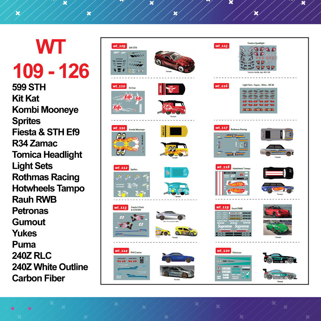 Water Slide Decal wt 109 - 126 HotWheels | 599 KITKAT SPRITES R34 ZAMAC ROTHMANS RWB YUKES GUMOUT PUMA CARBON FIBER STH