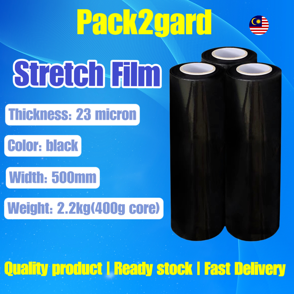 Pack2gard Stretch Film 500mm Black 2.2kg / 400gm core / 23 micron / Hand Roll Shrink Wrap Plastic Wrapping