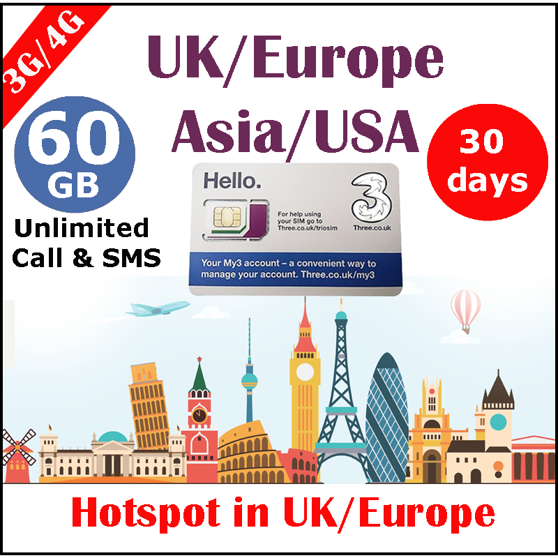 Europe USA HK SG UK World THREE Travel Sim Card 60GB Data +Calls SMS for 30 days