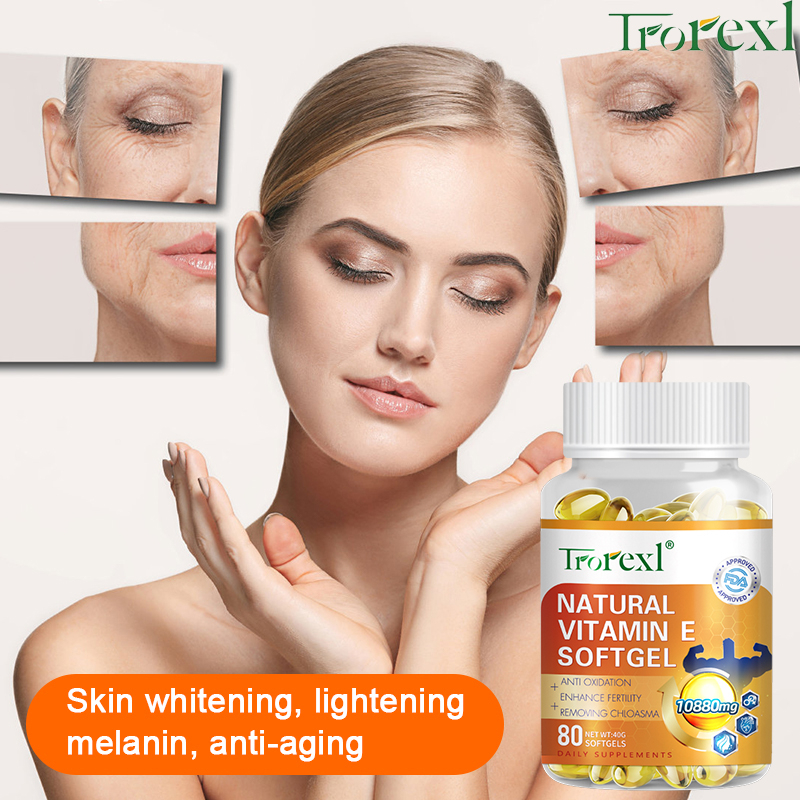 Trorexl 80 Capsules Natural Vitamin E Supplement Whitens Skin Anti-Aging Eliminates Pigmentation and Wrinkles