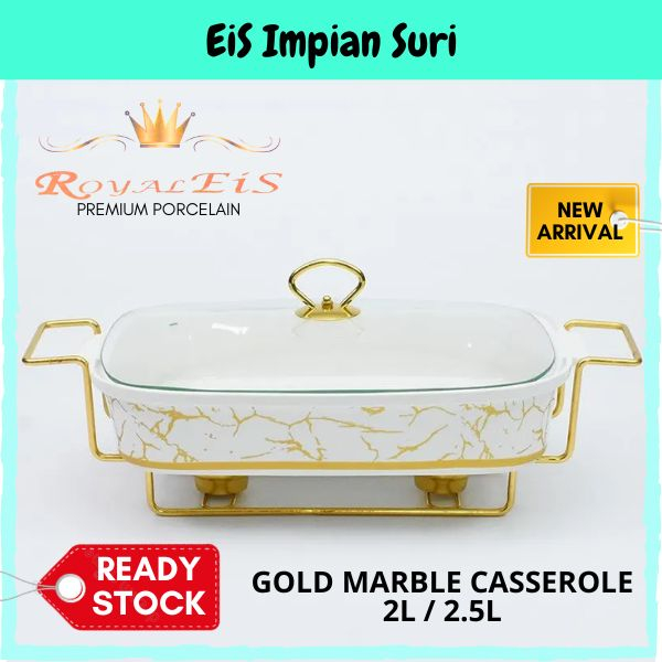 Ready Stock!!) Royal EIS Marble White Rectangle Casserole 2L / 2.5L with Glass Lid Buffet Set Chafing Dish Food Warmer