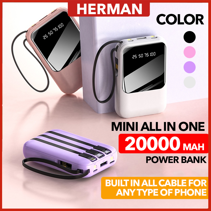 HERMAN Powerbank 20000mAh Built in 3 Cables Fast charging Digital LED Display Portable Power Bank for Mobile Phone USB C