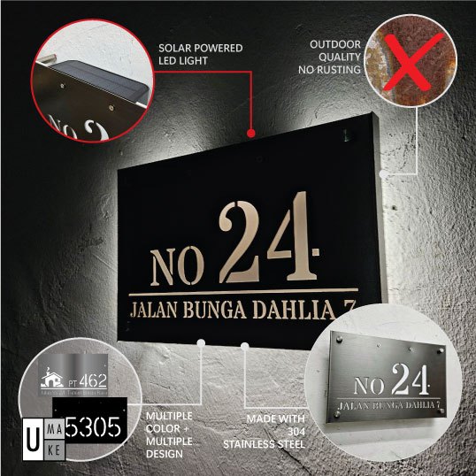 Plat nombor rumah keluli tahan karat LED solar bercahaya pada waktu malam untuk feng shui