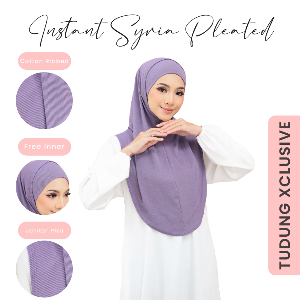 Tudung SYRIA Bawal Instant Free Size (Bidang 45") Premium Cotton Ribbed Pleats Free Inner