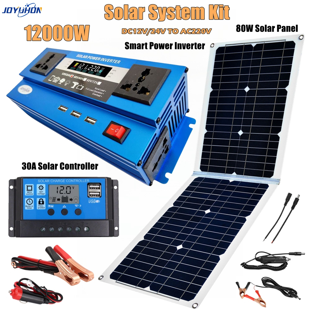JOYUHON Solar System 12000W Power Inverter DC12V/24V TO AC220V 80W Solar Panel 30A Solar Controller for car home Outdoor