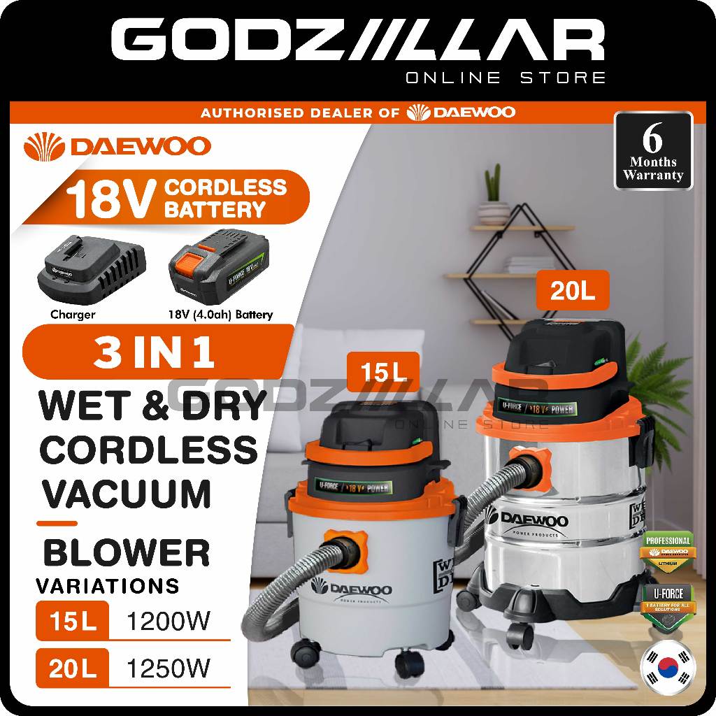 (Cordless) Daewoo 18V Cordless Battery Vacuum Cleaner | Wet & Dry Vacuum Cleaner | 15L / 20L