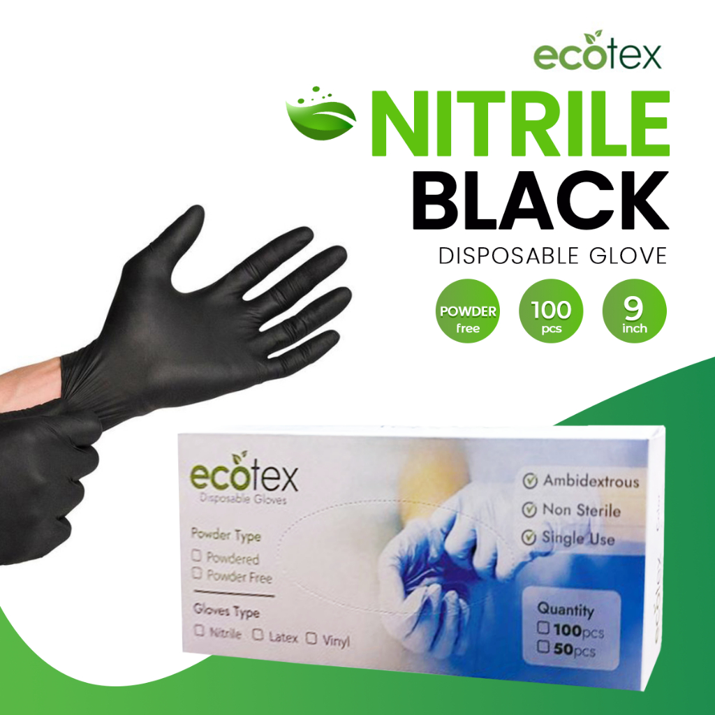 ECOTEX Black Nitrile Disposable Glove Powder Free Glove Hitam 3.5g (XS/S/M/L/XL) 50/100PCS per BOX by weight